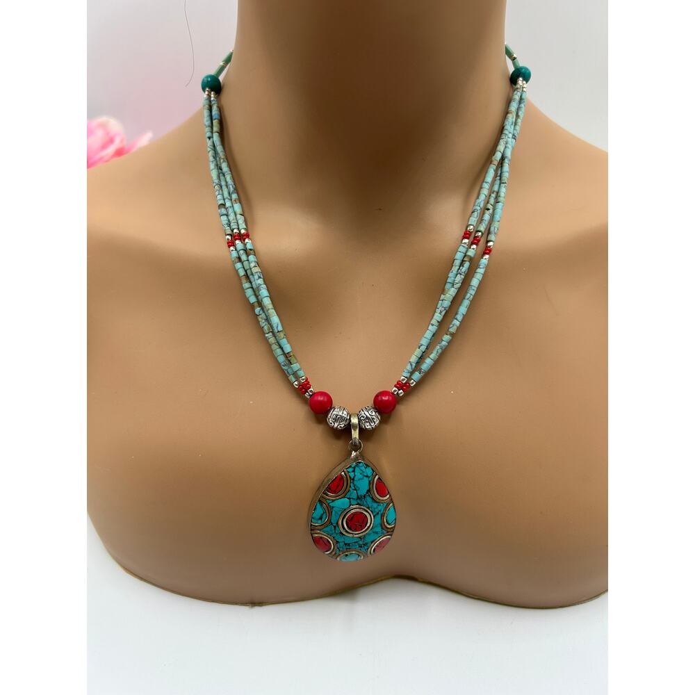 Turquoise & Coral Tibetan Silver Pendant Necklace Set w/ Earrings & Ring - Picture 2 of 8